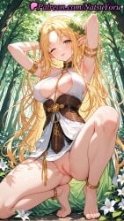 1girls 2025 ai_generated anklet armlet armpits arms_behind_head arms_up bangs barefoot blonde_hair blush breasts celestine_lucross dress elf elf_ears feet flower hi_res highres jewelry kuroinu_~kedakaki_seijo_wa_hakudaku_ni_somaru~ large_breasts lipstick long_hair looking_at_viewer natsuyoru nature nipples one_eye_closed one_knee outdoors patreon pointed_ears pointy_ears pussy smile solo squatting toenails toes tongue tongue_out vagina very_long_hair voluptuous voluptuous_female white_dress yellow_eyes