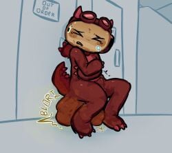 boner boner_in_pants boner_under_clothes claws dandy&#039;s_world dandys_world desperate desperation dino_snore_shelly dinosaur_girl fart fart_cloud fart_fetish farting farts female female_focus female_only fetish futanari goggles goggles_on_head gurgle gurgle_(sound_effect) holding_self horns hyper_scat hyper_soiling keeboreal messing onesie pooping_self scat scat_desperation scat_fetish shelly_(dandy&#039;s_world) shit soiling soiling_clothing tears