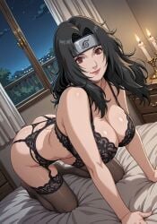 1girls ai_generated all_fours arm_support bangs bed bedroom bent_over big_breasts black_bra black_hair black_panties blush blush_lines bra breasts breasts_bigger_than_head child_bearing_hips cleavage coat facing_viewer female female_only forehead_protector front_view garter_belt garter_straps headband huge_breasts indoors inviting_to_sex isaris-ai kneeling konohagakure_symbol kurenai_yuhi large_breasts legs_together light-skinned_female light_skin lingerie looking_at_viewer mature mature_female midriff milf naruto naruto_(series) naruto_shippuden on_bed panties pose posing presenting presenting_self red_eyes sagging_breasts shoulder_length_hair sitting sitting_on_bed solo solo_focus stockings underwear underwear_only wide_hips yuuhi_kurenai