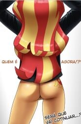 !? ...? 1girls almost_naked arms_up ass back back_view big_ass black_clothing black_jacket black_topwear bottomless butt cutie_mark dat_ass equestria_girls female female_only functionally_nude half_naked hand_on_head hasbro human human_only humanized humanized_pony jacket john_joseco large_ass leather leather_jacket long_hair long_sleeves my_little_pony no_ai no_panties no_pants partially_clothed portuguese portuguese_dialogue portuguese_text pussy red_and_yellow_hair red_hair solo standing sunset_shimmer text thighs topwear topwear_only two_tone_hair white_background yellow_hair yellow_skin