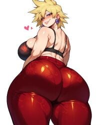 ai_generated back_view backboob bare_thighs big_ass big_butt blonde_hair blush boku_no_hero_academia bra fat_ass forbidden_pants gigantic_ass gigantic_breasts huge_bra huge_breasts huge_thighs light-skinned_female light_skin looking_back massive_ass massive_breasts mature_female milf mitsuki_bakugou my_hero_academia red_eyes short_hair shounen_jump smiling solo_female spiky_hair squatting sweat sweatdrop thick_body thick_female thick_thighs thighs voluptuous voluptuous_female yashugai