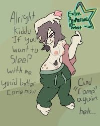 armpit_hair condom_wrapper english english_text exposed_breasts exposed_pussy extra_perpetual eyebags freckles freckles_on_shoulders freckles_on_thighs gesturing_at_viewer grey_hair holding_condom mostly_nude mostly_nude_female older_female original original_character pale-skinned_female pale_skin pubic_hair red_eyes undressing