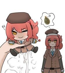 beret blush candy cheeta_(girls'_frontline_2) cum female food girls'_frontline girls'_frontline_2:_exilium gloves hair_ornament hat highres lollipop looking_at_viewer mp7_(girls'_frontline) necktie onahole one_side_up pink_hair plushie pov shirt smile yellow_eyes yuga_pratama