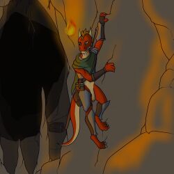1:1 accessory anthro armor bag bottomless casual_nudity cave cavern climbing climbing_wall clothed clothing exhibitionism furgonomics fyreblazes genitals hi_res horn humanoid_genitalia humanoid_penis kobold magic magic_user male male_only melee_weapon nude orange_eyes penis red_body red_scale red_scales scales scalie solo sword tail tail_accessory tail_bag weapon zaw_(fyreblazes)