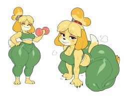 1girls animal_crossing animal_ears anthro ass bingbingzi breasts canine dog_ears dumbbell female furry isabelle_(animal_crossing) looking_at_viewer nintendo short shortstack sweat tail thick_thighs thighs wide_hips yoga_pants