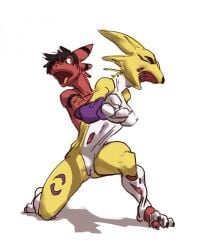 2019 animate_inanimate anthro bandai_namco biped black_hair black_markings black_nose breasts colored countershading desmond_(dsaprox) digimon digimon_(species) female gender_transformation genitals gloves_(marking) goo_suit hair hi_res kneeling leg_markings living_clothing lizard male_(lore) maneko markings mid_transformation mtf_transformation nipples nude open_mouth purple_markings pussy red_body renamon reptile scalie shaded simple_background sitting sitting_on_ground socks_(marking) solo species_transformation spread_legs spreading suit_transformation transformation white_background white_body white_countershading white_markings yellow_body