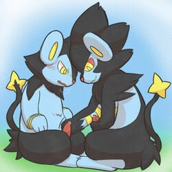 anthro blush duo furry furry_only gay handjob luxio luxray male manoreo masturbation nintendo open_mouth outside penis pink_nose pokemon pokemon_(species) precum sitting smile tongue video_games yellow_eyes