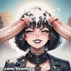 2boys ai_generated bangs black_hair black_lips blue_eyes blunt_bangs blush bob_cut bukkake cum cum_on_clothes cum_on_hair erection facial female goth goth_girl grin hi_res high_resolution jacket lily_(vexnflex) looking_at_viewer makeup multiple_boys multiple_penises penis short_hair smile solo_focus straight sweat uncensored veins veiny_penis vexnflex watermark