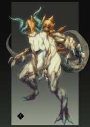 armor barefoot breasts claws collarbone colored_skin covered_eyes digitigrade extra_arms female female_focus final_fantasy final_fantasy_vi full_body gradient_background grey_skin highres horns looking_at_viewer mabo9317 monster_girl multiple_horns muscular muscular_female ornate_armor personification sharp_teeth solo tail teeth ultima_weapon