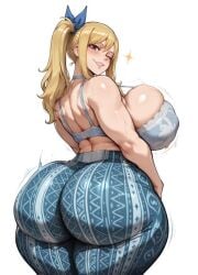 ai_generated back_view backboob bare_thighs big_ass big_butt blonde_hair bra brown_eyes fairy_tail fat_ass forbidden_pants gigantic_ass gigantic_breasts hair_ribbon huge_bra huge_breasts huge_thighs light-skinned_female light_skin looking_back lucy_heartfilia massive_ass massive_breasts side_ponytail smiling solo_female squatting sweat sweatdrop thick_body thick_female thick_thighs thighs voluptuous voluptuous_female yashugai
