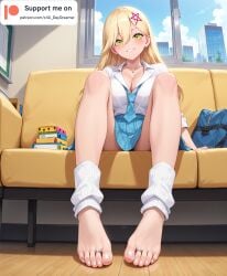 ai_art ai_daydreamer ai_generated anime anime_girl anime_style blonde_female blonde_hair blonde_hair blonde_hair_female day daytime feet feet_focus foot_fetish school school_uniform schoolgirl sitting solo solo_female toe_ring toenail_polish toes white_toenails