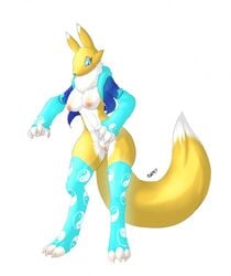 anthro bandai blush breasts digimon female nipples pussy renamon solo standing thunder-renamon