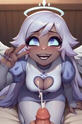 ai_generated angel_wings blue_eyes blush breasts cleavage cleavage_cutout cum dark_skin erection eyebrows_visible_through_hair female halo long_hair medium_breasts meme_attire open-chest_sweater penis pov sitting smile solo_focus straight very_long_hair white_hair