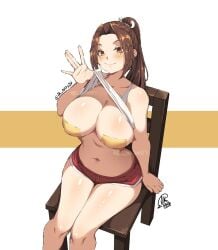 1girls arm_support artist_name bare_arms bare_legs bare_shoulders breasts brown_hair closed_mouth dolphin_shorts feet_out_of_frame female jk_arts07 king_of_fighters large_breasts lifting_own_clothes long_hair looking_at_viewer mai_shiranui navel on_chair orange_eyes ponytail red_shorts short_shorts shorts signature sitting smile solo street_fighter street_fighter_6 tank_top thighs twitter_username watermark white_background white_tank_top wooden_chair yellow_pasties
