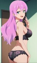 ai_generated ass ass_focus black_bra black_lingerie black_panties blue_eyes blush bra female fuufu_ijou_koibito_miman lingerie lingerie_bra lingerie_only lingerie_panties looking_at_viewer panties pink pink_hair watanabe_akari