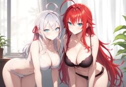 2girls ahoge ai_generated alisa_mikhailovna_kujou big_ass_(female) big_breasts bikini black_bikini blue_eyes blush crimson_hair_female crossed_bangs crossover crossover_ship crossover_shipping curvy_females demon_girl female females_only hair_ribbon high_school_dxd hourglass_figured_female huge_ahoge indoors interspecies lesbians light-skinned_female long_hair_female loose_hair lovehuwu milky_white_skin red_ribbon rias_gremory russian_girl silver_hair_female sky_blue_eyes thick_thighs tokidoki_bosotto_russian_de_dereru_tonari_no_alya-san very_long_hair_female voluptuous_female white_bikini wide_hipped_female yuri