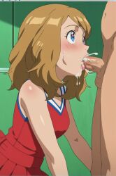ai_generated blue_eyes blush brown_hair cheerleader cum cum_in_mouth fellatio female heart open_mouth oral penis serena_(pokemon) short_hair solo_focus straight