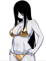 1girls alternate_costume big_breasts bikini black_hair breasts busty cleavage confident female female_only gold_bikini hair_over_eyes hands_on_hips highres large_breasts legs long_hair navel pose posing sensual sexy sexy_pose sideboob smile swimsuit the_ring thighs toned very_long_hair voluptuous yamamura_sadako