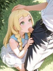 1boy bangs belt black_belt blonde_hair braid commentary deepthroat dress english_commentary fellatio female from_above from_side grass green_eyes hand_on_another's_head highres konny lillie_(pokemon) long_hair looking_up model_request oral pants penis_out pokemon pokemon_(game) pokemon_sm self-upload shirt sitting sleeveless sleeveless_dress standing twin_braids white_dress white_shirt