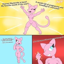 1:1 anthro blue_eyes breasts comic comic_panel dialogue english_text eyelashes fan_character female floating generation_1_pokemon genitals hi_res legendary_pokemon magic magic_user mew mew_(pokemon) ninjatreecko nintendo nude nude_anthro nude_female pink_body pokemon pokemon_(species) pokemorph pussy solo tagme tail text