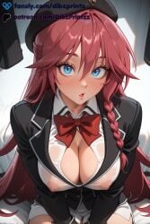 ai ai_assisted ai_generated anime artist_name asami_lilith beret black_headwear black_jacket blue_eyes blush bow bowtie braid breasts cleavage collared_shirt covered_nipples dibzprintz fansly female hair_between_eyes hat hi_res high_quality high_resolution highres jacket large_breasts long_hair long_sleeves looking_at_viewer nipples open_mouth red_bow red_bowtie red_hair school_uniform see-through shirt sitting skirt solo trinity_seven watermark white_shirt white_skirt