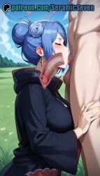 1boy 1boy1girls 1girls 2d ai ai_generated anime anime_style blue_hair closed_eyes completely_naked completely_naked_male completely_nude completely_nude_male deepthroat fellatio female flower_in_hair from_side hand_on_another's_thigh hand_on_thigh heart hearts_around_head heterosexual konan large_breasts light-skinned_female light-skinned_male light_skin male male/female naked naruto naruto_(series) naruto_shippuden nude penis_in_mouth seramic_seven short_hair straight sucking_penis uncensored uncensored_penis