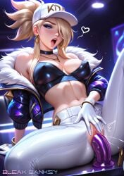 ai_generated akali bleak_banksy blue_eyes choker crop_top dildo dildo_in_pussy gloves hat jacket k/da_akali k/da_all_out_series league_of_legends leggings necklace open_mouth orgasm orgasm_face sitting_on_table
