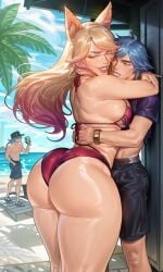 ahri ahri_(league_of_legends) ai_generated beach big_ass bigbreasts bikini ezreal female handsome_man kpop league_of_legends pretty_boy riot_games thick_thighs
