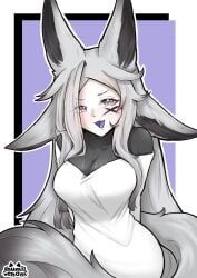 animal_ear_fluff animal_ears artist_name blush breasts cleavage dya_rikku_(vtuber) eyebrows_visible_through_hair female fox_ears fox_tail grey_hair large_breasts long_hair looking_at_viewer open_mouth outline shirt silver_hair smile solo striped striped_background tail very_long_hair vyugen white_eyes white_outline