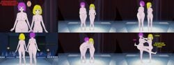 2girls 3d areolae blue_eyes comic completely_naked completely_naked_female covering covering_ass covering_breasts covering_crotch covering_eyes dialogue embarrassed embarrassed_nude_female genderswap_(mtf) humanized koikatsu large_breasts medium_breasts nipples nude purple_hair rule_63 short_hair spongebob_reference spongebob_squarepants surprised vagina wide_hips xboxking37 yellow_hair
