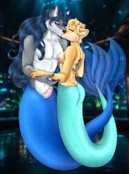 absurd_res anthro canid canine canis duo felid female hi_res huge_filesize kissing kyra_(jukesman54) lion mailner maku_(masterofwolves99) male male/female mammal marine merfolk merfur merfurry mermay mermay2025 pantherine split_form underwater water wolf