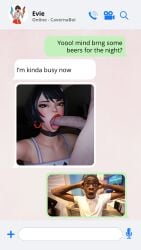 3d black_hair blowjob blowjob_face brown_eyes cavernaboi clothes evie_(fortnite) fortnite fortnite:_battle_royale funny light-skinned_female light-skinned_male looking_at_viewer meme red_lipstick text