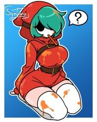 ? belt breasts clothed covered_in_paint green_hair iamsyntara kneeling mario_(series) masked_female paint red_hoodie shy_gal simple_background simple_coloring simple_shading suggestive super_mario_bros. thighhighs wide_hips