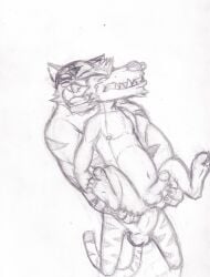 10s 2013 2boys anal anthro ass atlus balls canid canine canis decker_(go!_go!_hypergrind) felid furry furry_only gay go!_go!_hypergrind male male_only monochrome nipples penis piercing simple_background sketch spectral-bat tiger traditional_media vert_(go!_go!_hypergrind) video_games white_background wolf yaoi