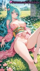1girls 2025 ai_generated aqua_hair bangs bare_shoulders barefoot blue_eyes blush breasts breasts_out castle closed_mouth clothes_lift clothing feet floral_print flower grass hair_flower hair_ornament hi_res highres japanese_clothes kimono knee_up komurasaki kozuki_hiyori large_breasts legs long_hair looking_at_viewer naked_kimono natsuyoru nipples no_bra no_panties obi off_shoulder one_piece outdoors patreon pink_kimono pussy sash smile solo toes vagina voluptuous voluptuous_female