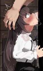 1boy absurdres alina_clover bar_censor black_bow black_bowtie black_skirt bow bowtie brown_hair censored deepthroat fellatio female from_side green_eyes guild_no_uketsukejou_desu_ga_zangyou_wa_iya_nanode_boss_wo_solo_toubatsu_shiyou_to_omoimasu hands_on_another's_head highres irrumatio long_hair male mizumizuni oral penis profile shirt skirt solo_focus straight white_shirt x-ray