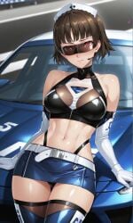 1girls ai_generated atlus belt beltskirt black_latex black_latex_thong black_latex_top blue_latex blue_latex_thighhighs blue_skirt blunt_bangs blush breasts brown_eyes brown_hair car collared_shirt crop_top crown_braid elbow_gloves embarrassed exposed_midriff exposed_shoulders exposed_thighs headwear high_leg_thong japanese_female latex latex_crop_top latex_elbow_gloves latex_gloves latex_skirt latex_thighhighs leaning_on_car light-skinned_female light_reflection light_skin looking_at_viewer makoto_niijima megami_tensei microphone mini_skirt miniskirt panty_peek persona persona_5 persona_5_royal race_queen sega shin_megami_tensei shiny_body shiny_skin shiny_thighs short_hair sleeveless standing sun_visor sunglasses thighhighs thong toned_stomach translucent translucent_clothing translucent_latex translucent_legwear translucent_topwear wet_body white_belt white_latex white_latex_elbow_gloves