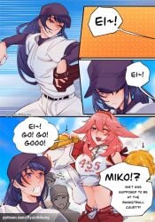 2girls baseball_cap baseball_uniform cheerleader cheerleader_outfit cheerleader_uniform comic fully_clothed genshin_impact raiden_shogun ryuichikung text yae_miko yuri