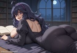 ai_generated alternate_version_at_source ass_focus big_breasts black_dress breasts crazy_eyes dress female gothic gothic_girl hex_maniac hypet long_hair lying_on_stomach messy_hair pokemon purple_hair shiny shiny_skin tagme thick thick_ass thick_legs thick_thighs thighs