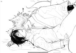 2boys blue_eyes bottomless claws eye_patch fox_boy fox_ears gay gintama gintoki_sakata implied_anal implied_sex kemonomimi kimono kitsune long_fingernails looking_pleasured male male_only monochrome no_visible_genitalia official_alternate_costume on_back sharp_claws sharp_fingernails smile sweat takasugi_shinsuke yaoi youkai ys_fry