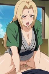 ai_generated blush breasts brown_eyes cleavage cowgirl_position cowgirl_position facial_mark female forehead_mark large_breasts long_hair mosaic_censoring open_mouth pubic_hair pussy sex solo_focus straddling straight trembling tsunade vaginal_penetration