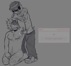 1boy 1boys 1nonbinary :) :d arm_up armpit armpit_sex chance_(forsaken) duo facewear fedora forsaken_(roblox) fucking_armpit glasses grin grinning hairy hat headphones headwear one_eye_closed pitjob precum precum_drip pubic_hair roblox scars silly_ensue sitting smile smiling top_scars two_time two_time_(forsaken)
