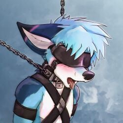 anthro arm_markings black_nose blindfold blue_body blue_fur blush bodily_fluids bondage bondage bondage_gear bondage_gear_only bound breath canid canine chain_leash chains chest_harness collar countershade_tail countershading cuff_(restraint) digital_media_(artwork) dipstick_ears ear_markings exhausted fennec_fox fox fur hair harness hi_res inner_ear_fluff leash leather leather_cuffs leather_harness leather_strap lock male mammal markings multicolored_ears padlock padlocked_collar phrozt restrained restraints saliva saliva_on_tongue saliva_string shoulder_markings simple_background solo straps submissive submissive_anthro submissive_male tail tongue tongue_out true_fox tuft white_body white_fur x_harness zee_(zfursee)