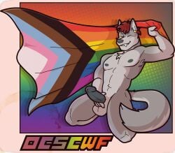 absurd_res anthro border canid canine claws closed_eyes countershade_fur countershade_torso countershading ear_piercing finger_claws flag flag_(object) fur grey_body grey_fur hair halftone halftone_background hi_res kneeling lgbt_pride male mammal masturbation muscular muscular_anthro muscular_male nipples outcast-stars pattern_background pecs piercing pride_color_background pride_colors progress_pride_colors progress_pride_flag red_body red_fur red_hair simple_background smile smirk solo tail teeth weyland_here