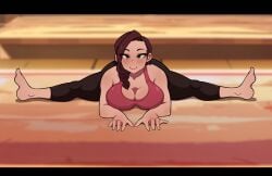 ass ass_visible_from_the_front braid braided_hair breasts brown_hair bubbles_and_sisters clothed feet lisa_(bubbles_and_sisters) looking_at_viewer mother splits sports_bra sportswear stretching yoga yoga_pants