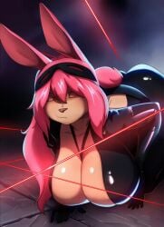 2d_animation animated anthro big_breasts breasts brown_body cleavage clothed clothing female frame_by_frame hair hi_res kbart lagomorph latex leporid mammal pink_hair rabbit red_eyes solo