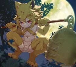animal_feet animal_hands anus bell blonde_hair blurry blurry_background blush bottomless breasts commentary_request commission dutch_angle female fox_girl fox_hat full_body full_moon futanari grin hair_between_eyes halterneck heart highres holding holding_staff huge_moon looking_at_viewer moon moonlight_flower navel nezu_mickey night penis ragnarok_online red_eyes second-party_source short_hair skeb_commission small_breasts smile solo squatting staff tree uncensored yellow_moon
