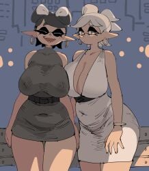 2girls ass black_dress breasts callie_(splatoon) cleavage closed_eyes covered_navel covered_nipples dress earrings female hair_up hoop_earrings inkling inkling_girl large_breasts looking_at_viewer marie_(splatoon) mole mole_under_eye navel nintendo open_mouth pointy_ears splatoon tentacle_hair white_dress yuta_agc