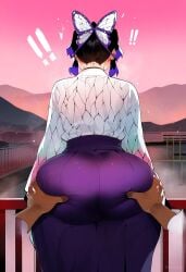 ai_generated butterfly_hair_ornament dark-skinned_male demon_slayer groping groping_ass groping_from_behind huge_ass huge_booty huge_butt kimetsu_no_yaiba kochou_shinobu outdoors public_indecency sexual_assault sexual_harassment sinderellaart surprised surprised_reaction viewer_pov