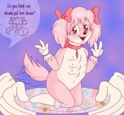 bow canine female female_feral feral feral_only madoka_kaname mahou_shoujo_madoka_magica marshmallowpuke multi_nipple peace_sign pink_fur pink_hair purple_background tagme text wagging_tail